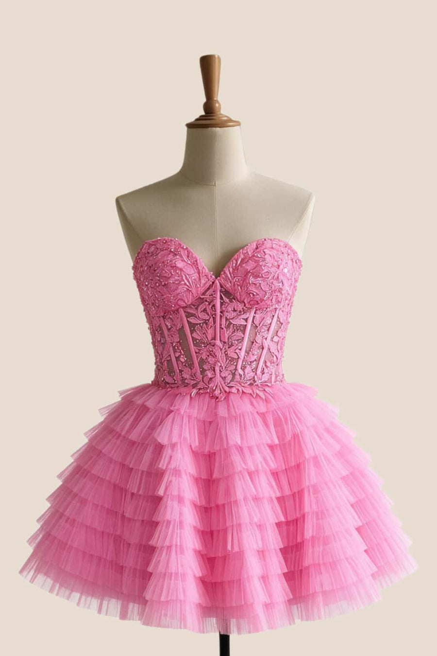 Hot Pink Appliques A-line Ruffle Short Dress