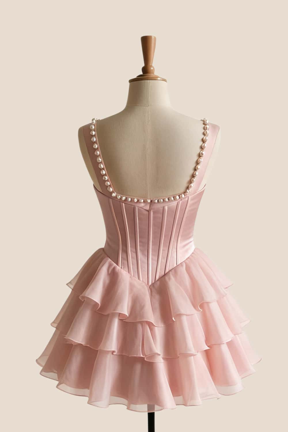 Pearls Square Neck Ruffle A-line Short Dress