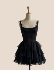 Pearls Square Neck Ruffle A-line Short Dress