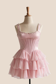 Pearls Square Neck Ruffle A-line Short Dress