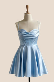 Light Blue Satin Cowl Neck A-line Dress
