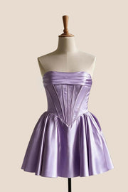 Pleated Light Purple Satin A-line Short Dress