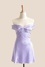 Off the Shoulder Lavender Satin Short Dress