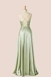 Cowl Neck Sage Green Satin A-line Long Formal Dress