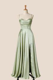 Cowl Neck Sage Green Satin A-line Long Formal Dress