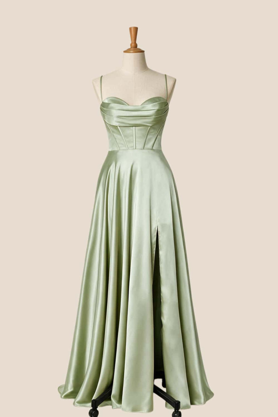 Cowl Neck Sage Green Satin A-line Long Formal Dress