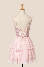 Pink 3D Flowers Chiffon Tiered Short Dress