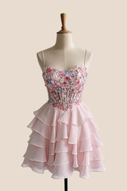 Pink 3D Flowers Chiffon Tiered Short Dress