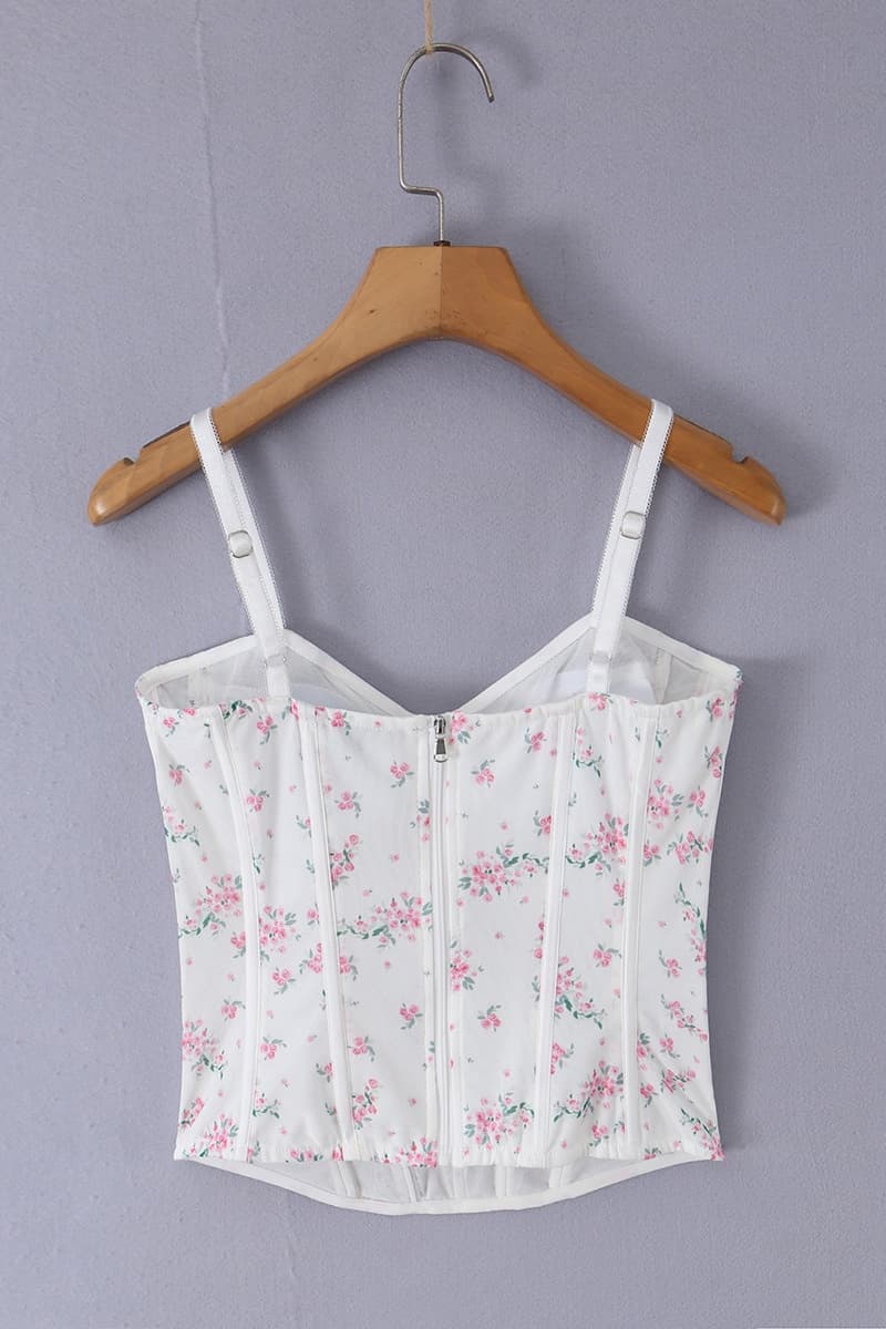 White Floral Straps Fitted Top