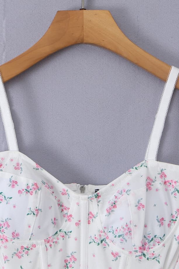 White Floral Straps Fitted Top
