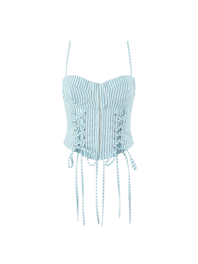 Cyan Stripe Fitted Bustier Top
