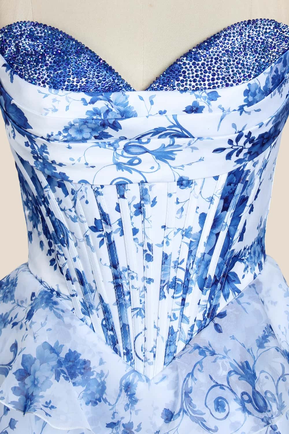 Blue Floral Beaded A-line Short Tiered Dress