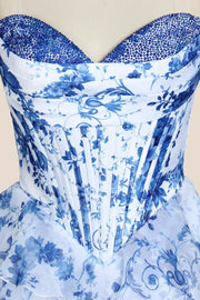 Blue Floral Beaded A-line Short Tiered Dress