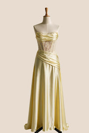 Yellow Satin Sheer Ruched Long Prom Dress