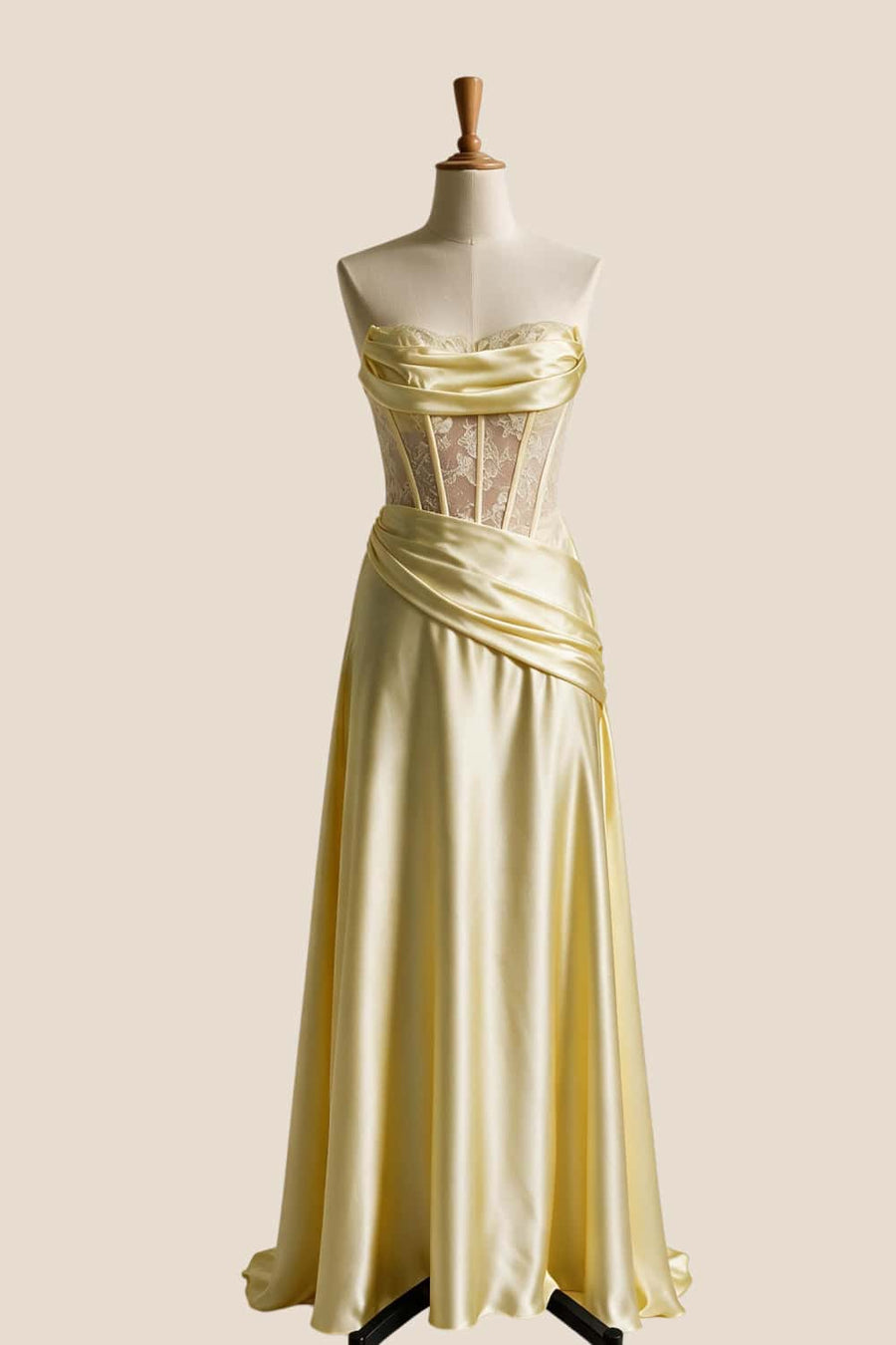 Yellow Satin Sheer Ruched Long Prom Dress
