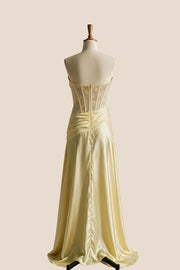 Yellow Satin Sheer Ruched Long Prom Dress