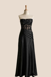 Yellow Satin Sheer Ruched Long Prom Dress