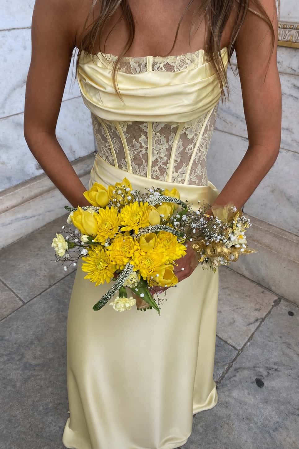 Yellow Satin Sheer Ruched Long Prom Dress