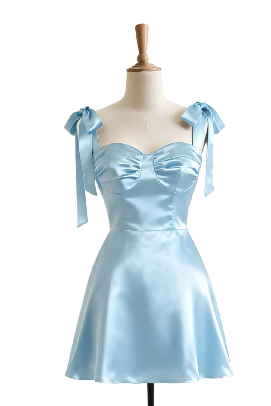 Light Blue Shoulder Tie Satin A-line Short Dress