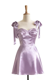 Light Blue Shoulder Tie Satin A-line Short Dress