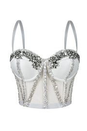 Apricot Yellow Rhinestone Mesh Corset Top