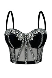 Apricot Yellow Rhinestone Mesh Corset Top