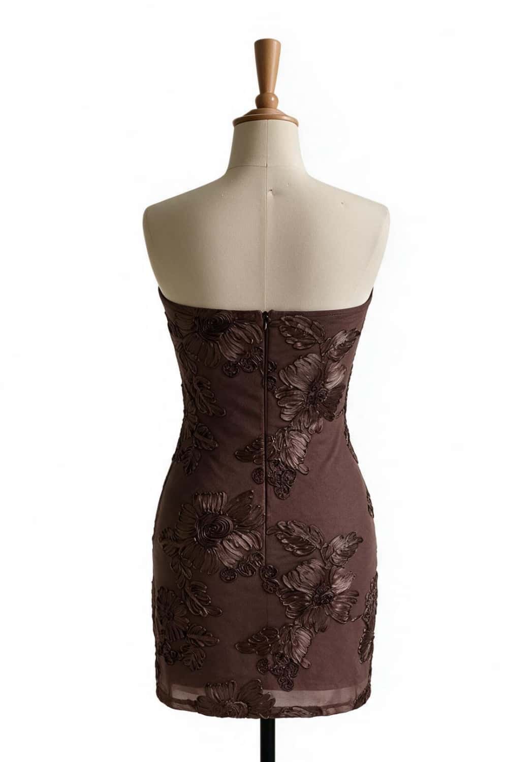 Brown Strapless Embroidered Tight Dress