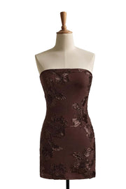 Brown Strapless Embroidered Tight Dress
