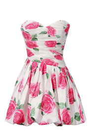 Rose Print Ruched A-line Bubble Dress