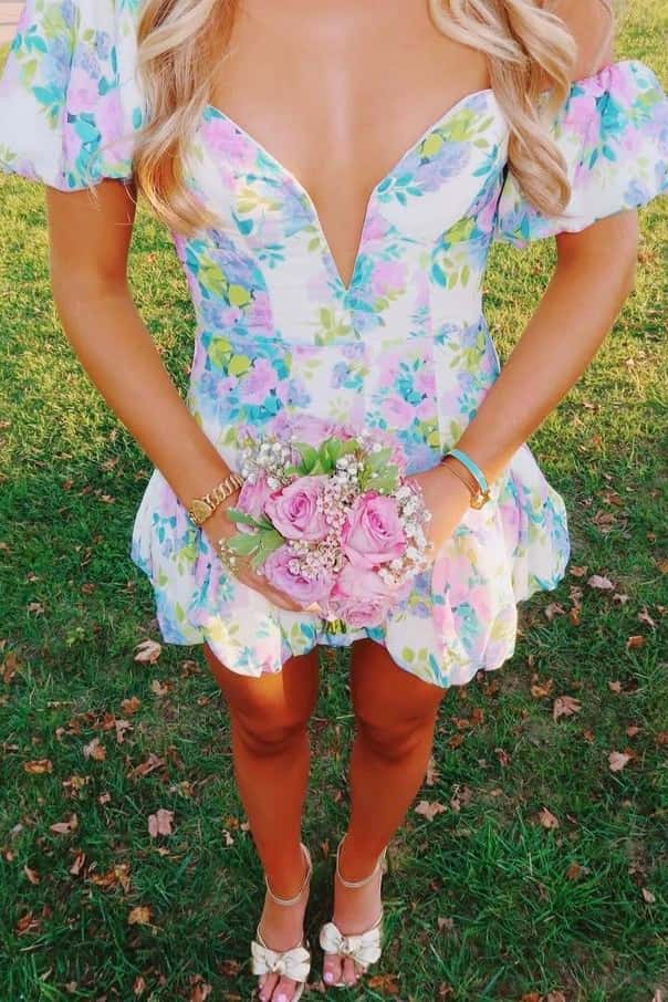 Puff Sleeves Lavender Floral Mini Dress