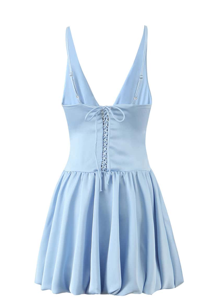 V Neck Blue Short Bubble Dress