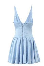 V Neck Blue Short Bubble Dress