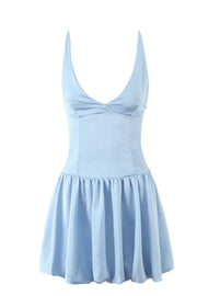 V Neck Blue Short Bubble Dress