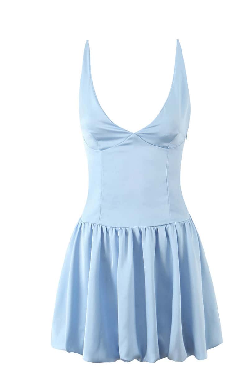 V Neck Blue Short Bubble Dress