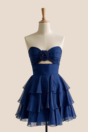 Lavender Rosette Cutout A-line Ruffle Dress