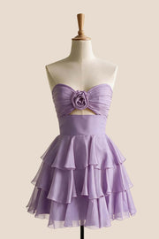 Lavender Rosette Cutout A-line Ruffle Dress