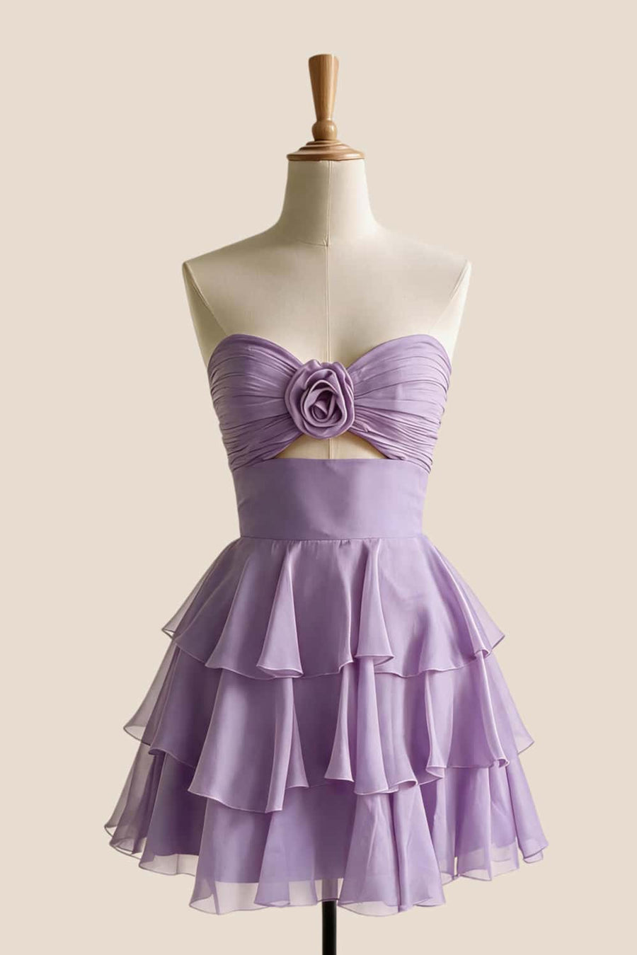 Lavender Rosette Cutout A-line Ruffle Dress