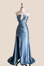 Blue Ruched Satin Fitted Long Formal Dress