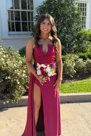 Blue Ruched Satin Fitted Long Formal Dress