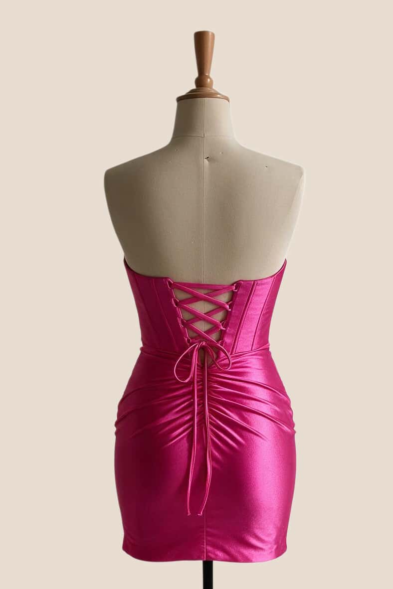 Fuchsia Beaded Satin Draped Short Dress