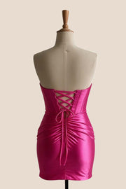 Fuchsia Beaded Satin Draped Short Dress