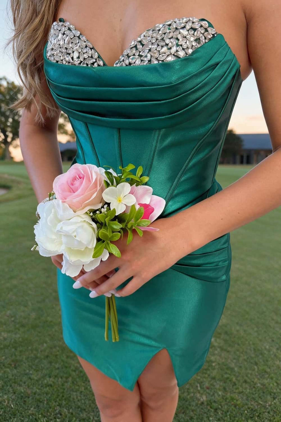Fuchsia Beaded Satin Draped Short Dress