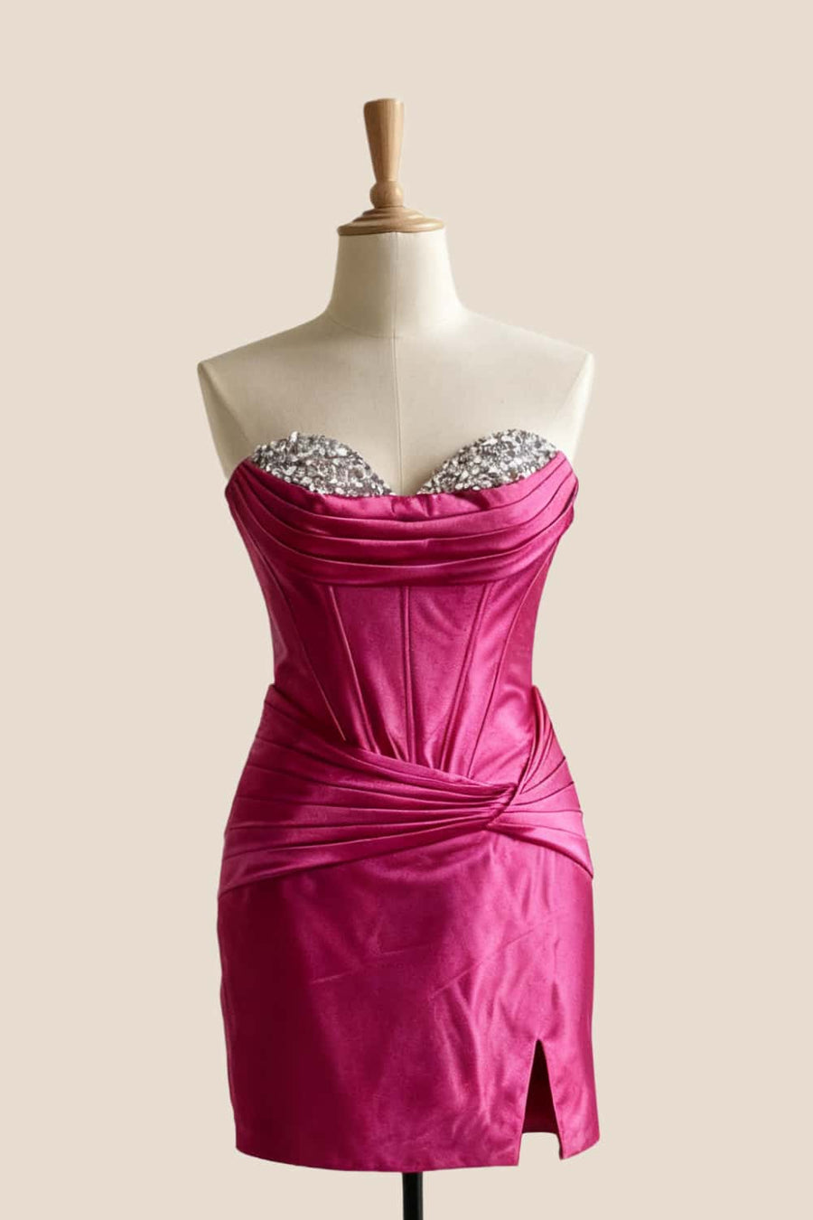 Fuchsia Beaded Satin Draped Short Dress