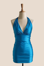 Blue Halter Tight Short Party Dress