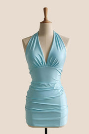 Blue Halter Tight Short Party Dress