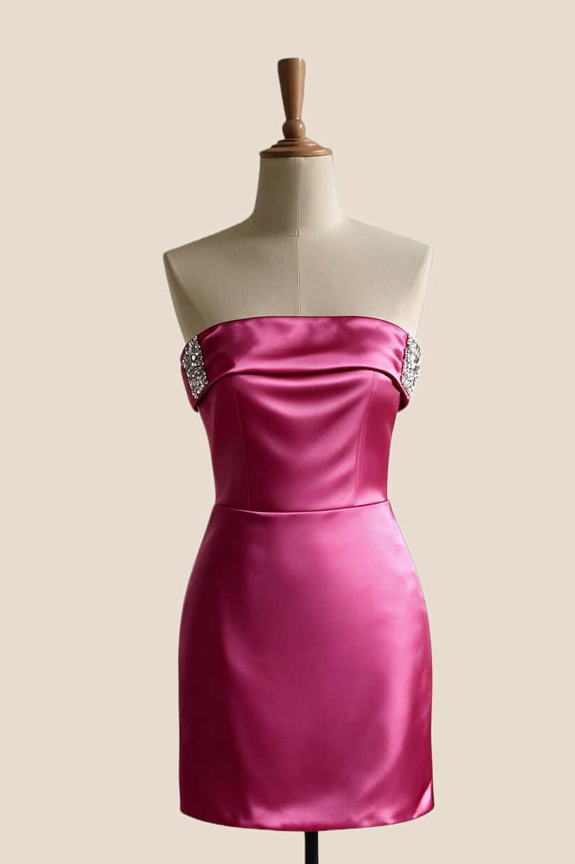 Fuchsia Folded Satin Tight Short Dress