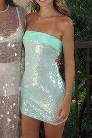 Mint Green Folded Sequin Tight Short Dress