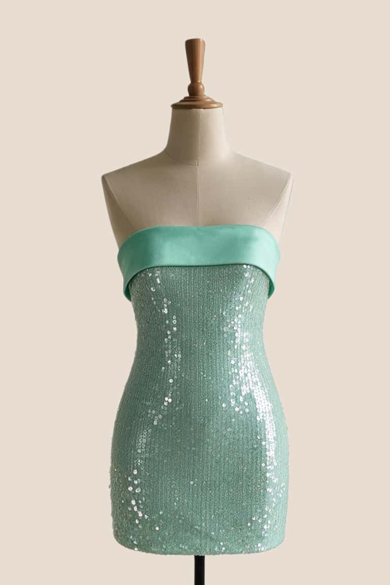 Mint Green Folded Sequin Tight Short Dress