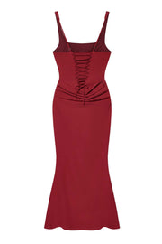 Dark Red Square Neck Draped Long Dress