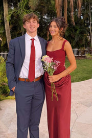 Dark Red Square Neck Draped Long Dress